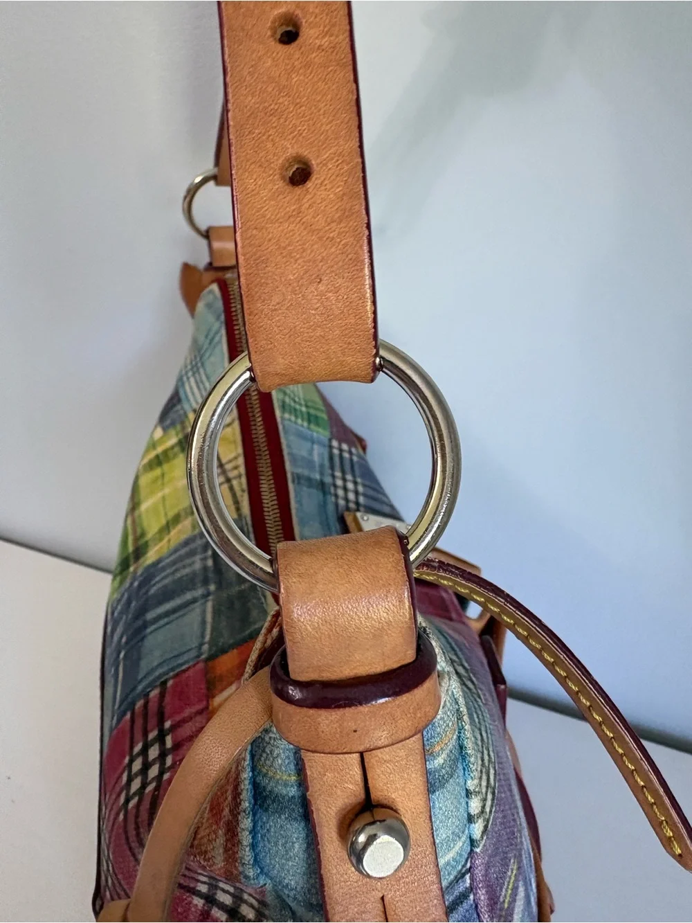 RARE Vtg Dooney & Bourke Picnic with Ants Madras Plaid Hobo Bag | Y2K Boho Chic - Picture 12 of 14